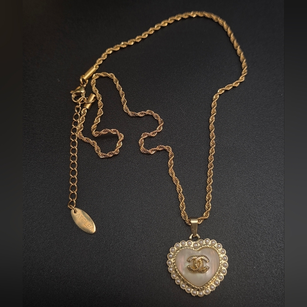 Authentic CHANEL Gold and Cream Heart Pendant On Atolea Chain